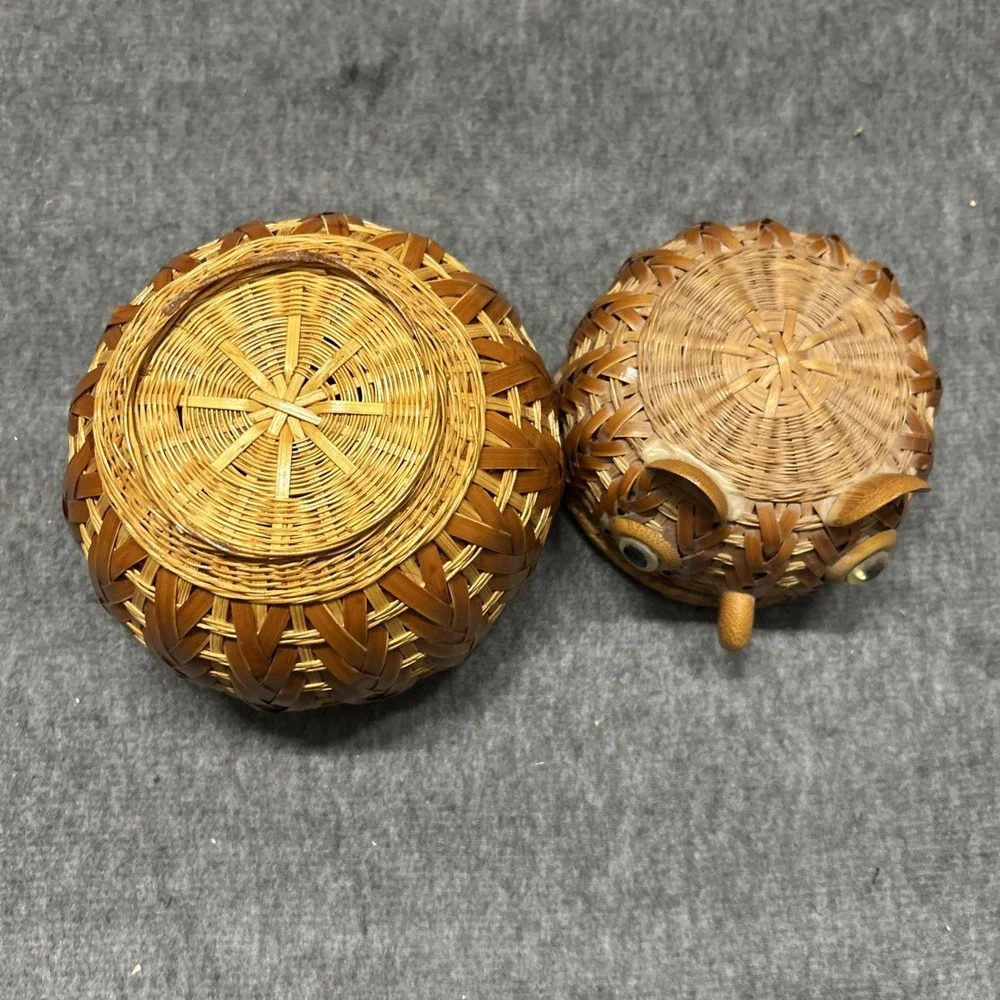 Vintage Mid Century Woven Wood Wicker OWL Lidded‎ Basket Storage Trinket Box 8